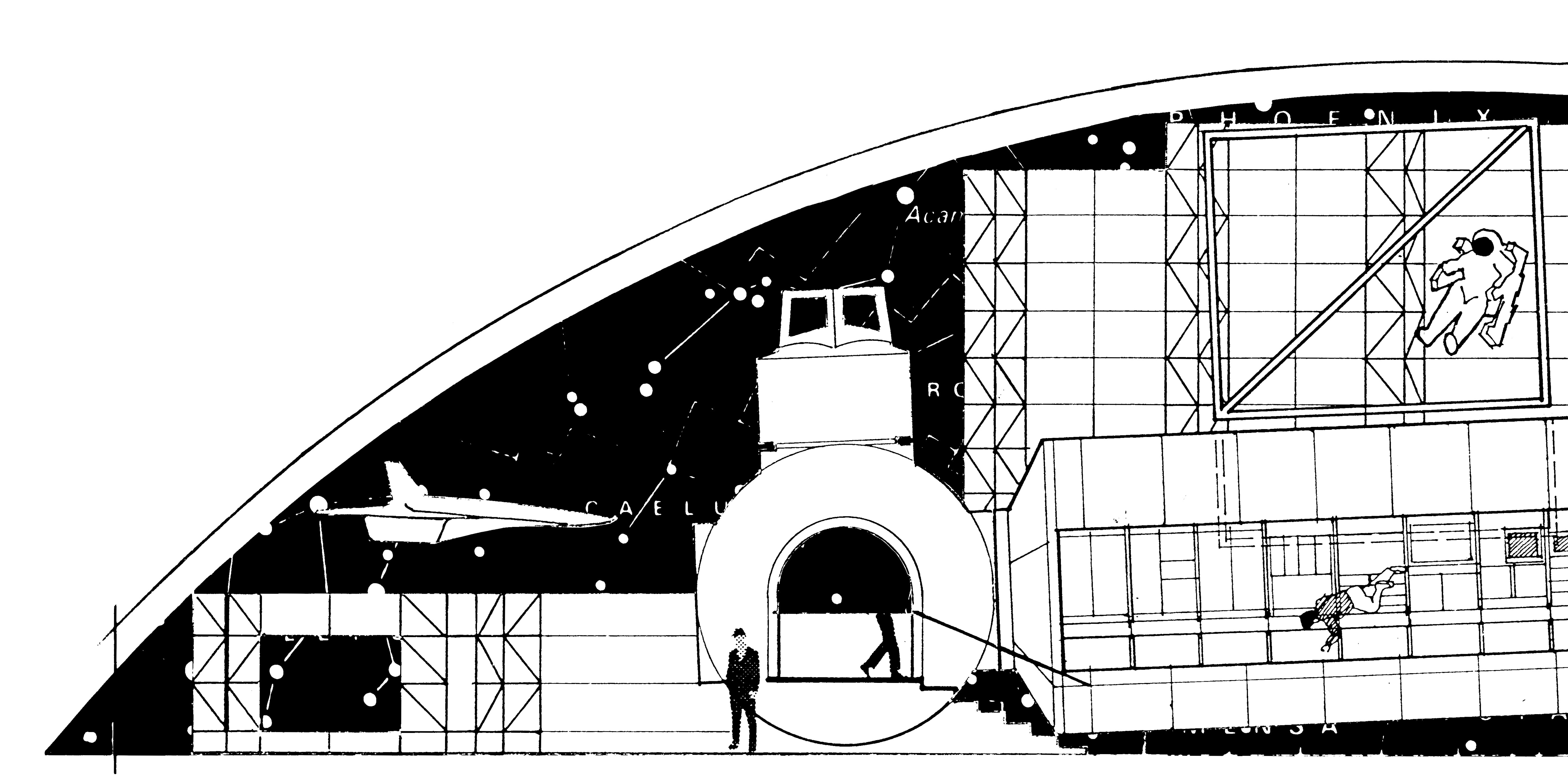 Sketch of the inside of the exhibit at ground level with the dome above it, left.