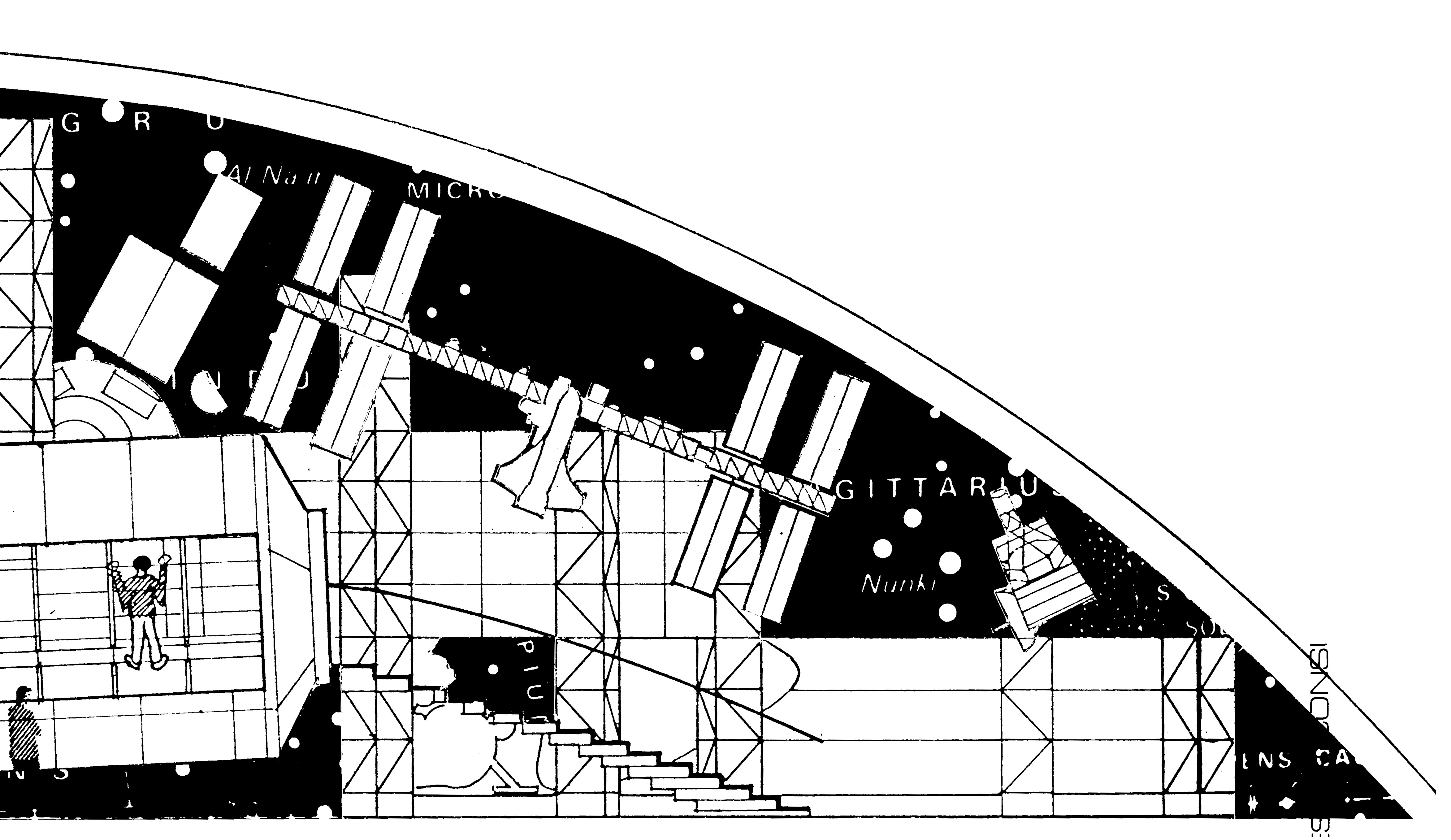 Sketch of the inside of the exhibit at ground level with the dome above it, right.