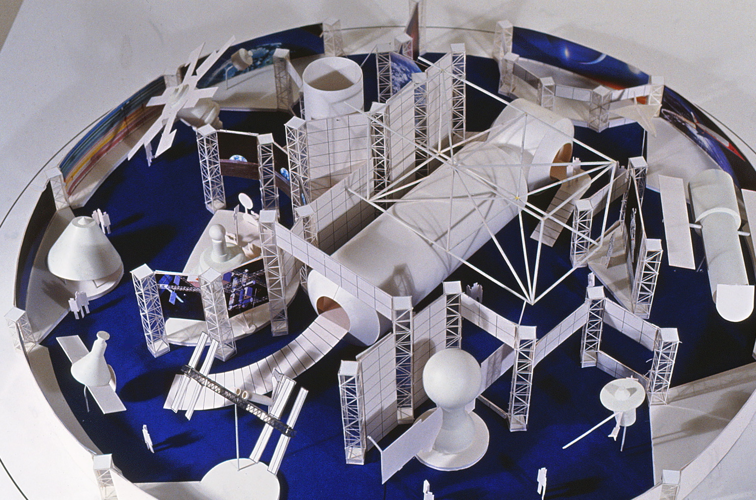 Photo of the exhibit model with no dome over it, taken from above, featuring the entrance side of the complex.
