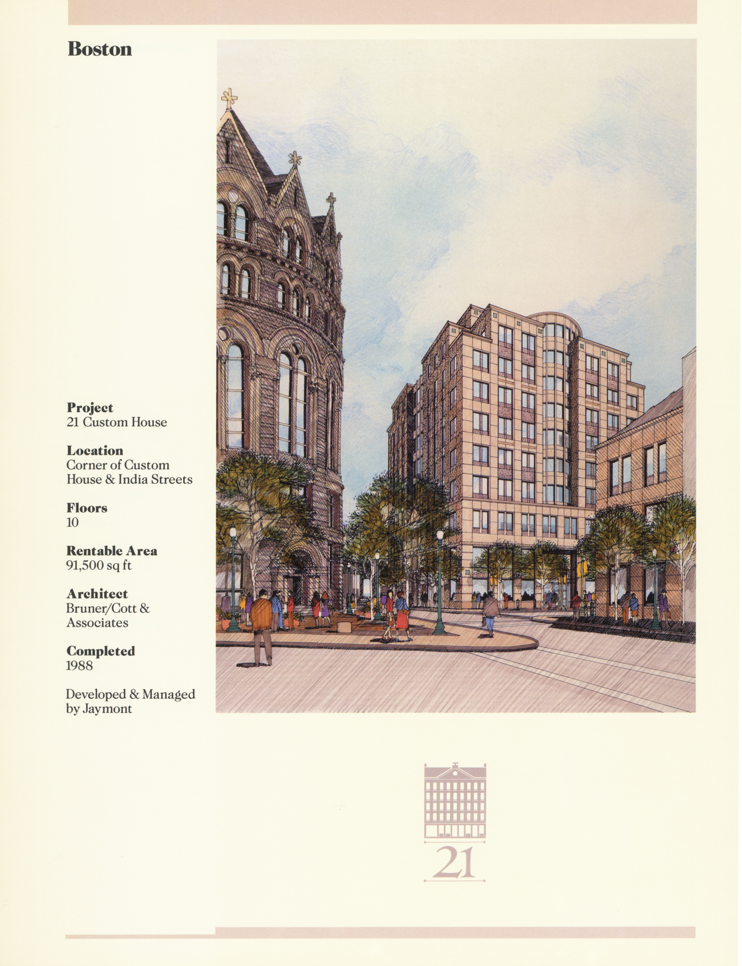 Fact sheet with building details and a large image of the building rendered before it was built.