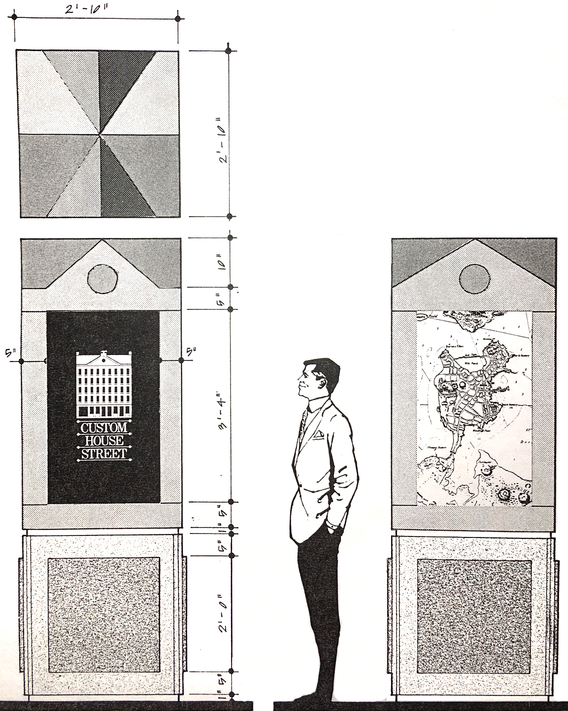 Drawing of how the standing pylons will look, with a man standing next to them and looking.  
        Letters A, B, C and D feature the progression of the logo and the three maps displayed.
