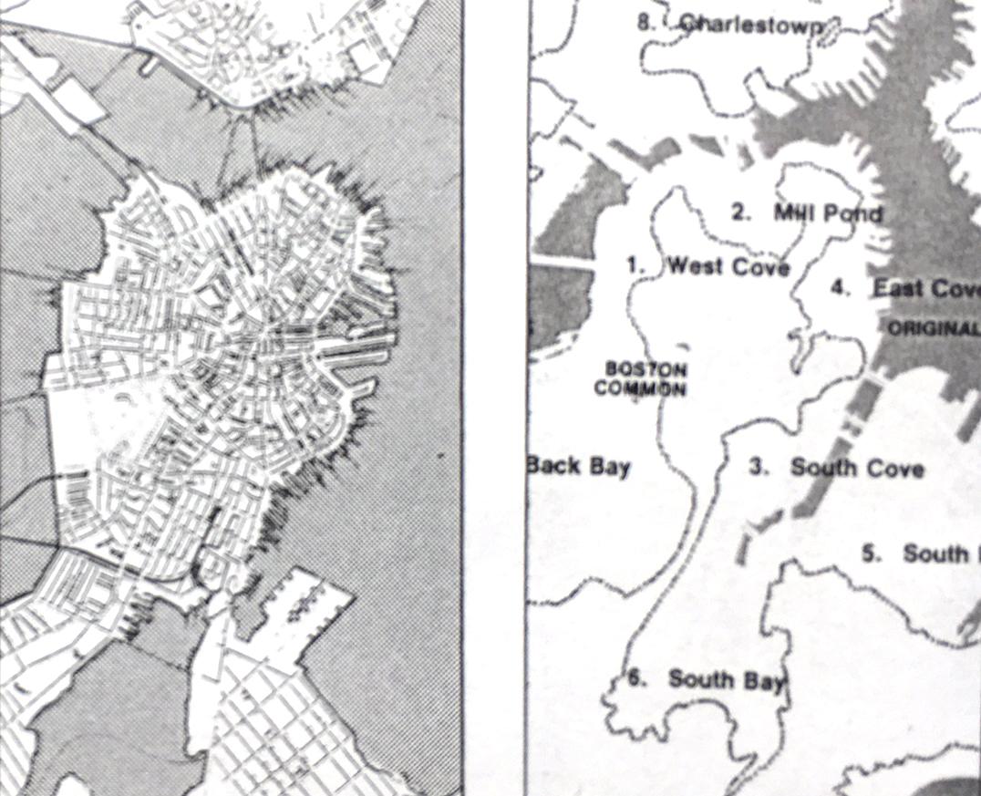 Two old maps of downtown Boston, showing how land filled in two large bays.