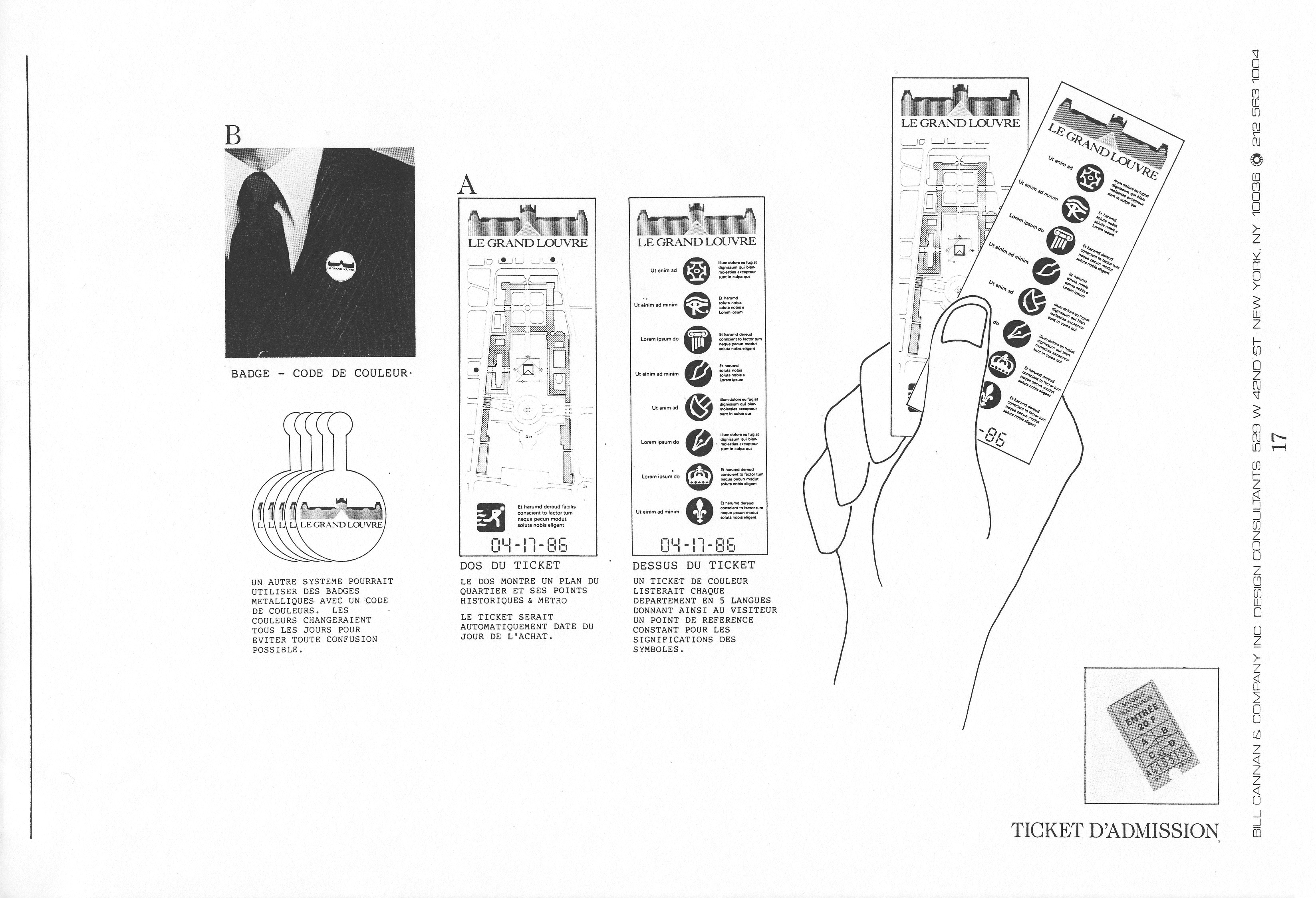 Drawings of the lapel button and the tickets as they would appear.