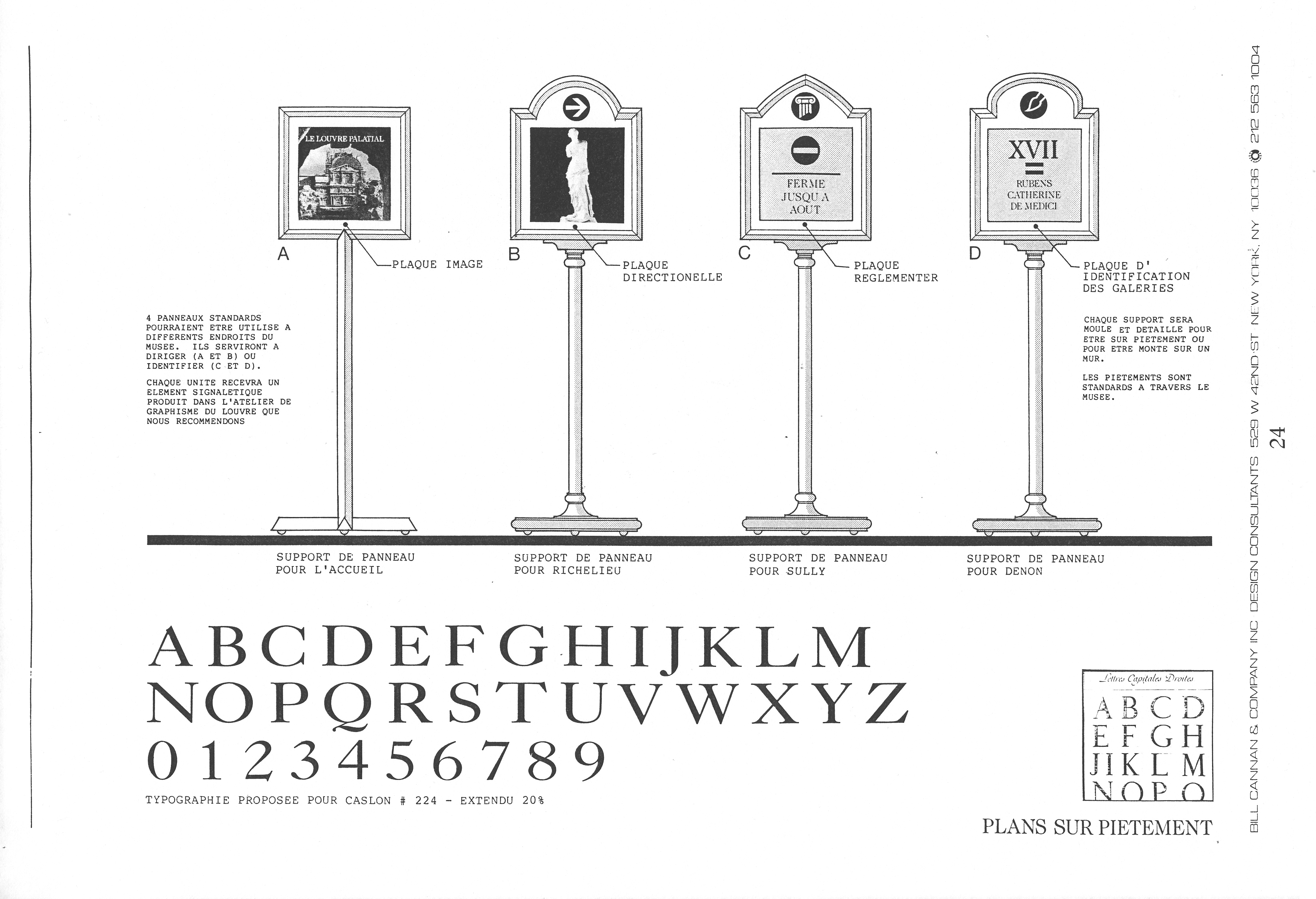 Four standing signs with a type alphabet beneath them displaying the proposed font to be used.