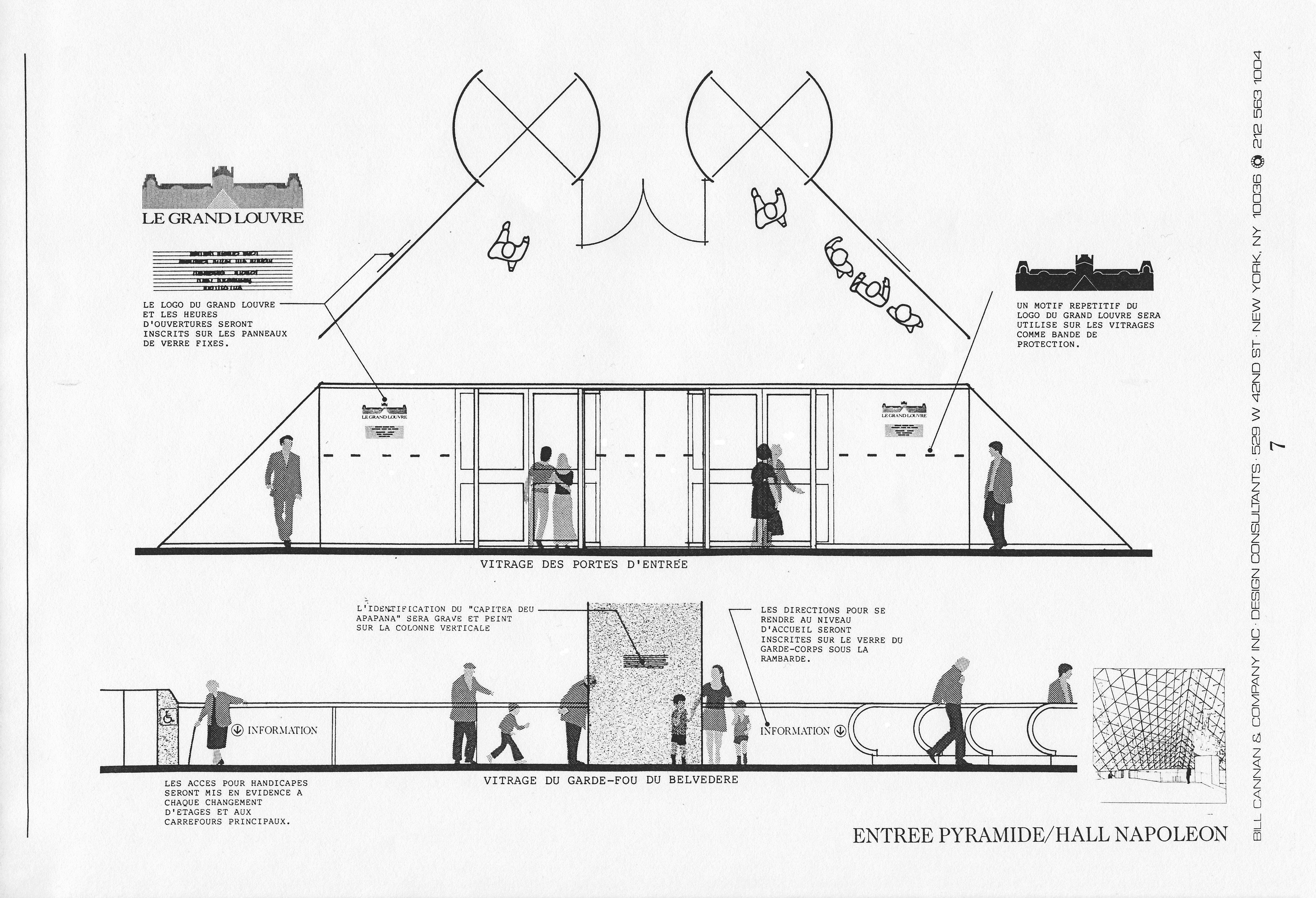 Cross sectional diagram of people nagigating through different levels down through the Pyramid entrance structure.