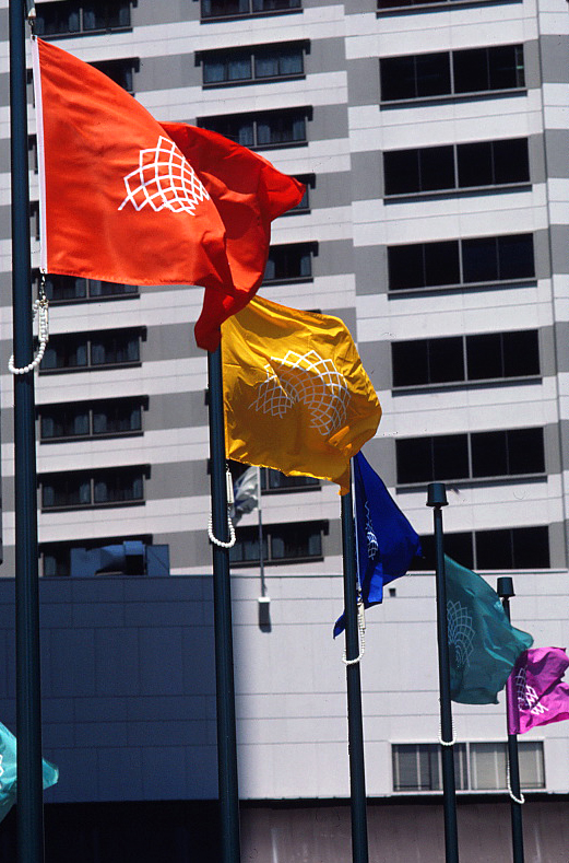 A line of different color flags flying on flagpoles with the plaza court logo on them.