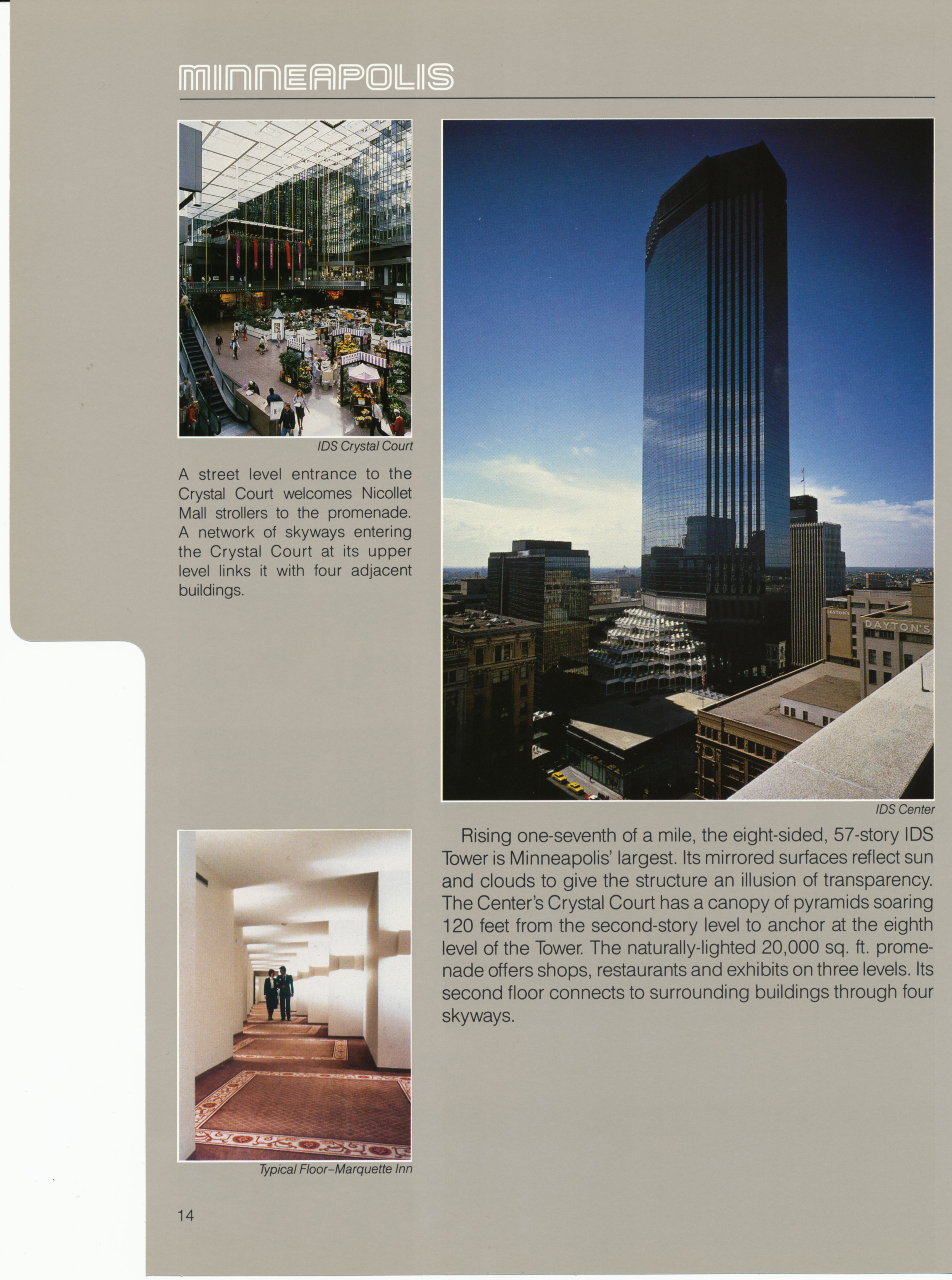 Brochure page for the IDS Center, featuring aerial and interior images.