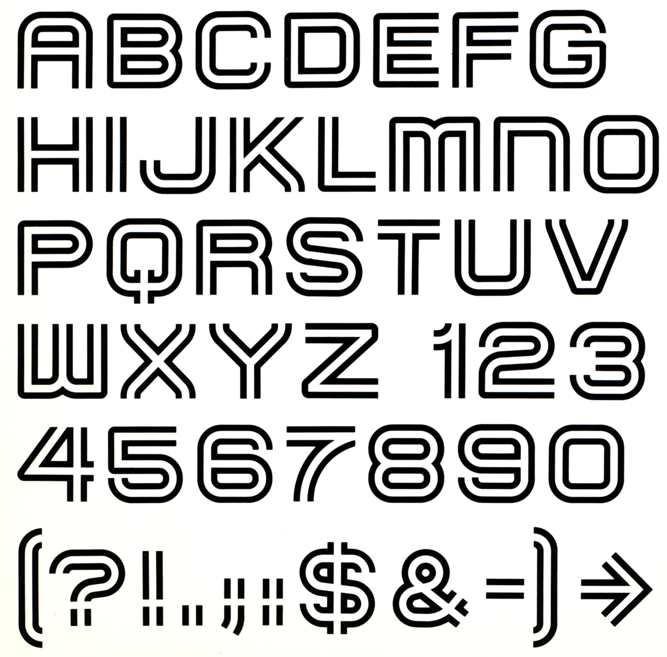 The Oxford typeface alphabet, numbers, and symbols featuring space within the stroke of the characters.