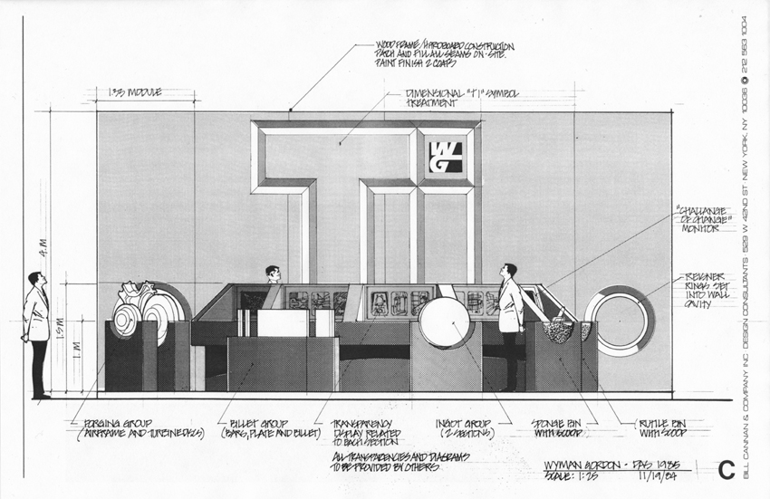 Sketch of the plan from a standing perspective, showing large 'TI' theme on the wall.