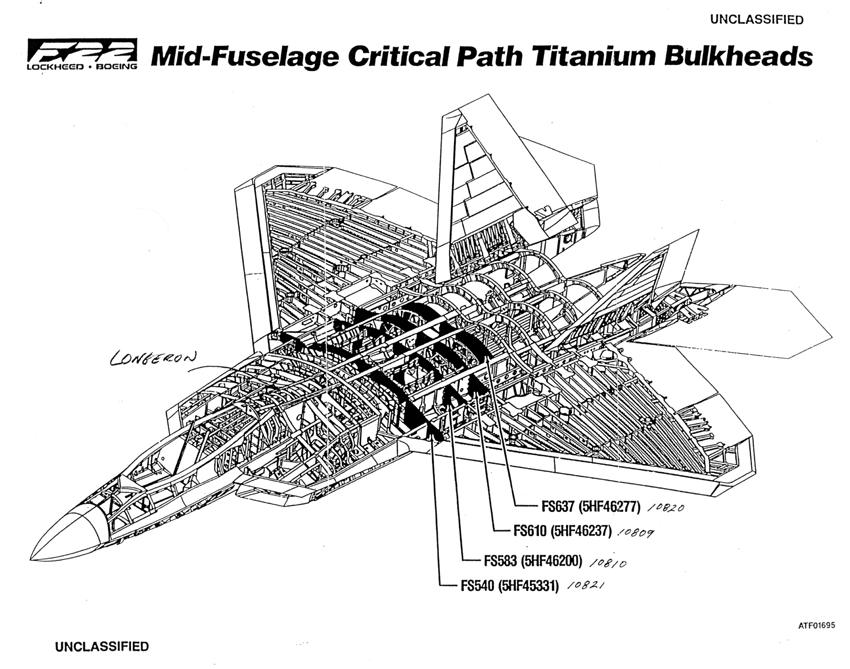 A manufacturer's detailed interior drawing of the F-22 jet fighter displayed 1995 Paris Air Show.