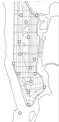 Linear map of Manhattan with landmarks identified with circles.