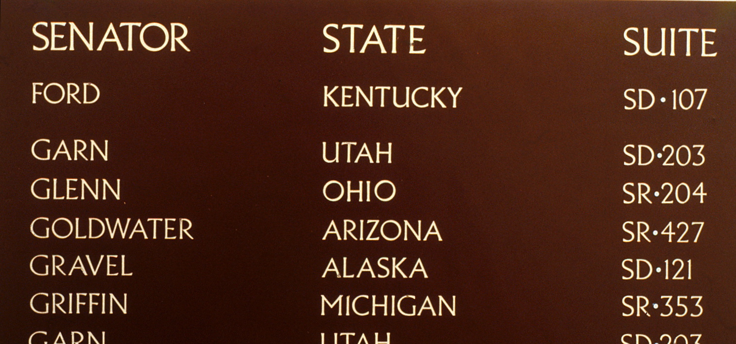 Several office entires on the Senate directory, 
	featuring Seantors, their states, and their suites.