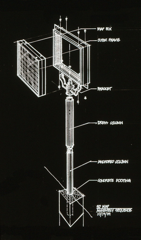 Diagonal diagram of the map's assembly, with post and housing.