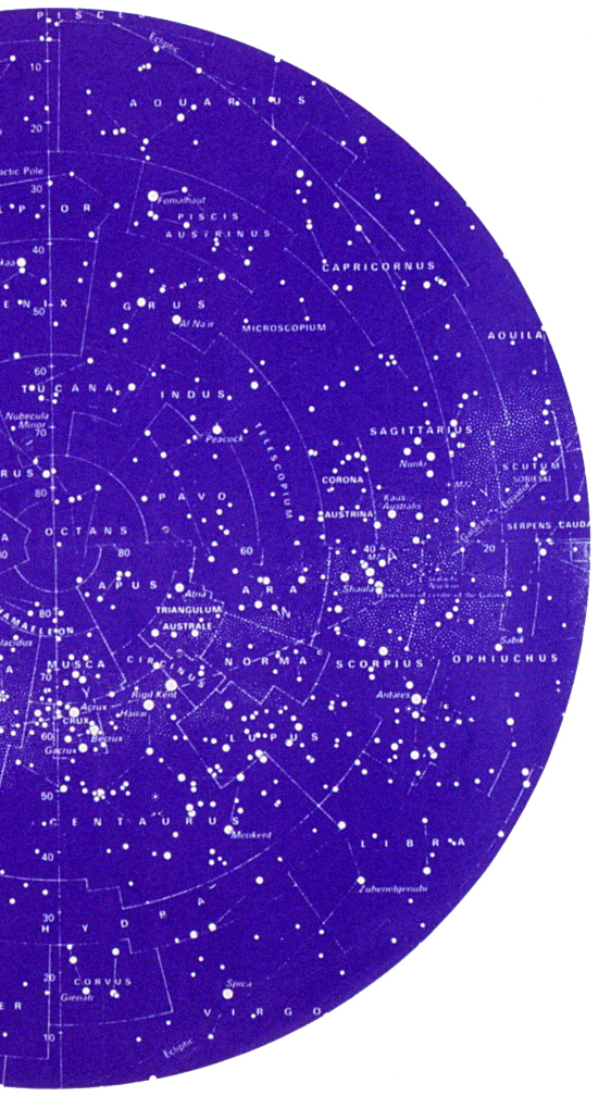 Large globe shaped chart of the stars and constellations, coming into the page from the left.