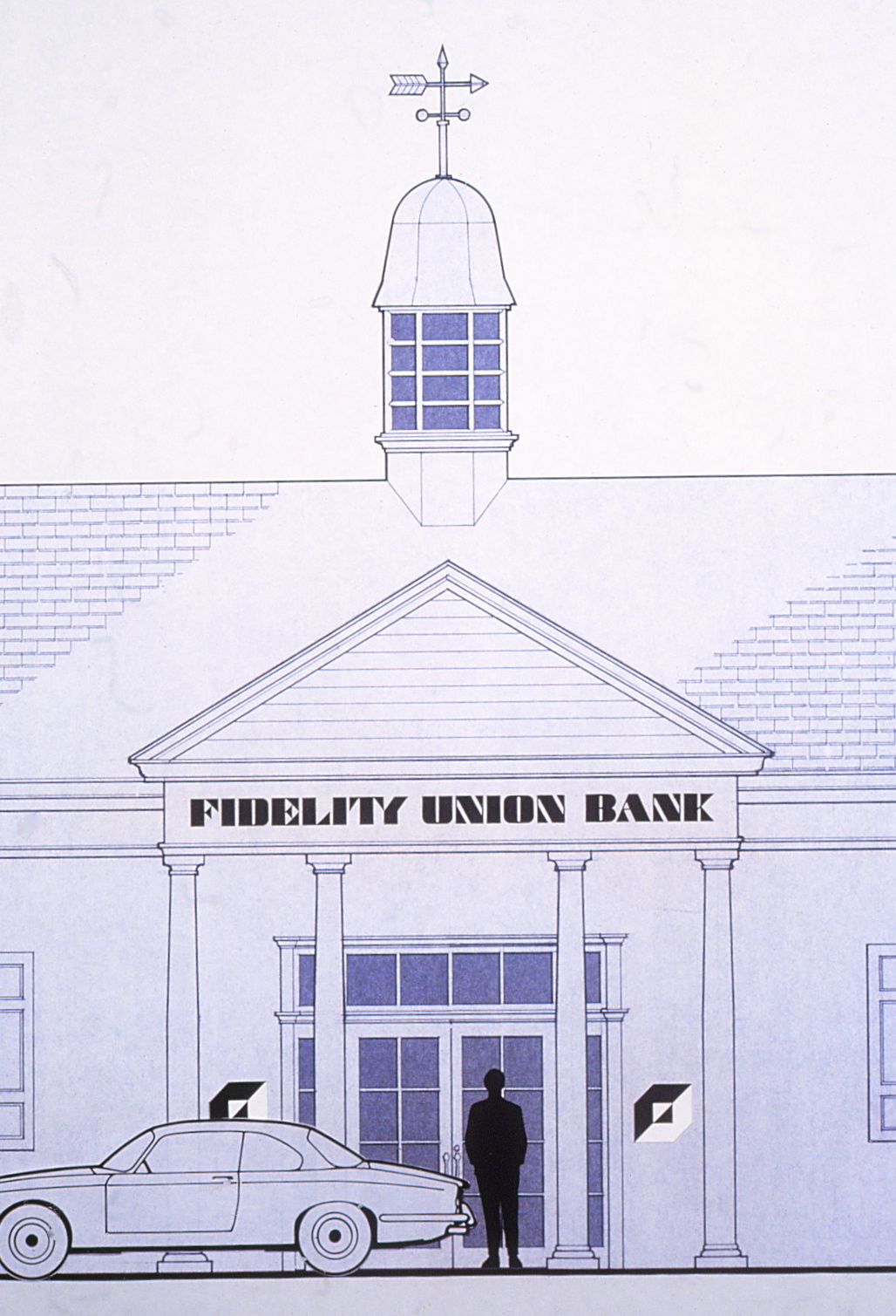 Elevation drawing featuring the logo and typface as it would appear on the frant of a typical bank building, 
        with a car and a person standing in front of it.