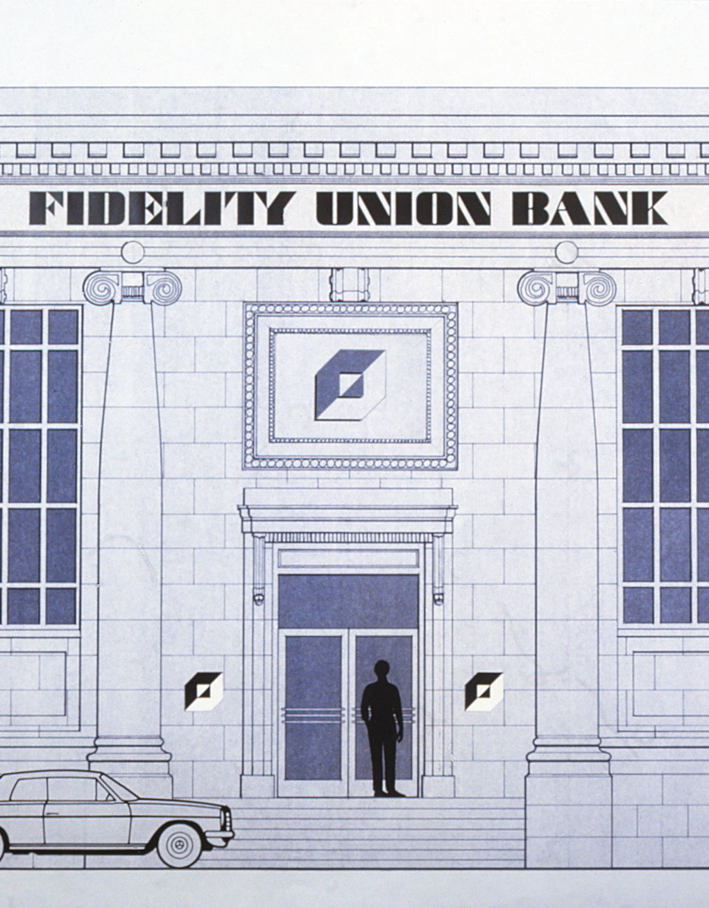 Closeup drawing of how the logo and typeface would look on the bank branch building.