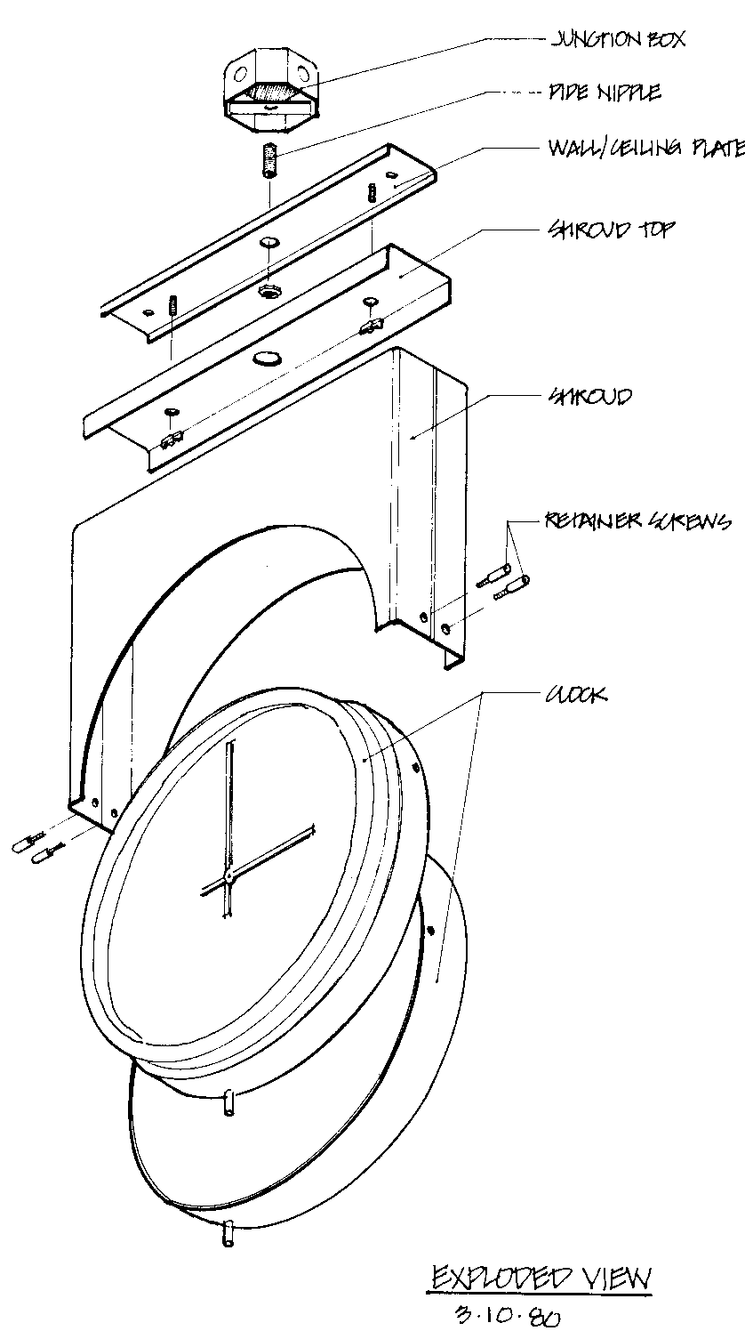 Exploded view drawing of isometric clock parts mounted to a wall or cieling