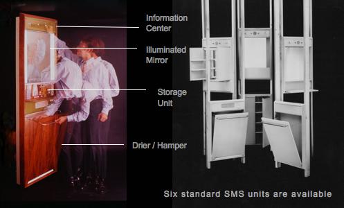 Time exposure photos of a man operating the hamper and moving the door open or closed.  
     	Text on this image point to the Information Center, Illuminated Mirror, Storage Unit, and the Drier & Hamper assembly.
     	Three different white designs of the assembly are shown to the right.
     	Beneath them, text says that there are six standard SMS units are available.