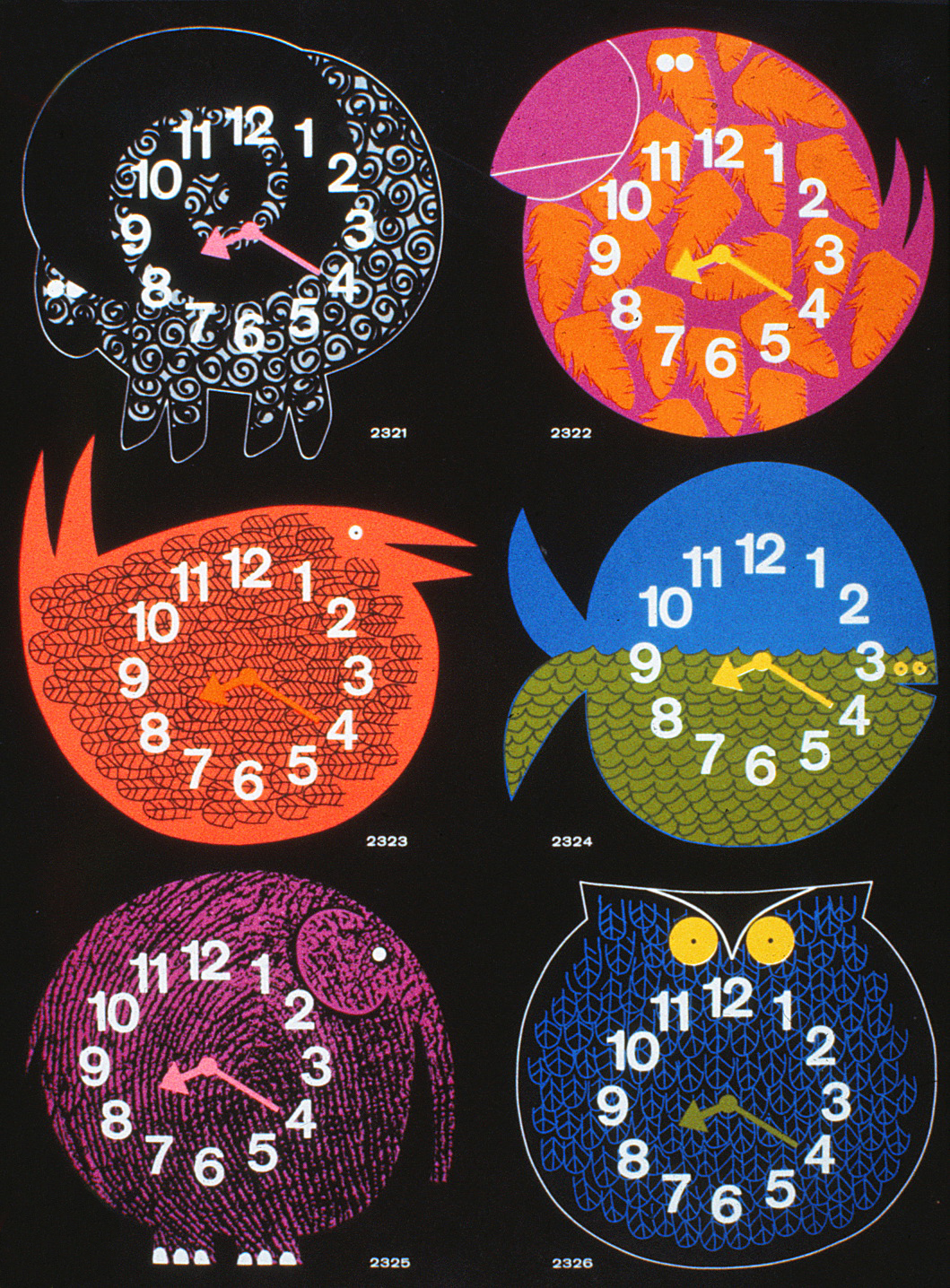 The collection of Zoo Timer clocks showing 6 different designs.
