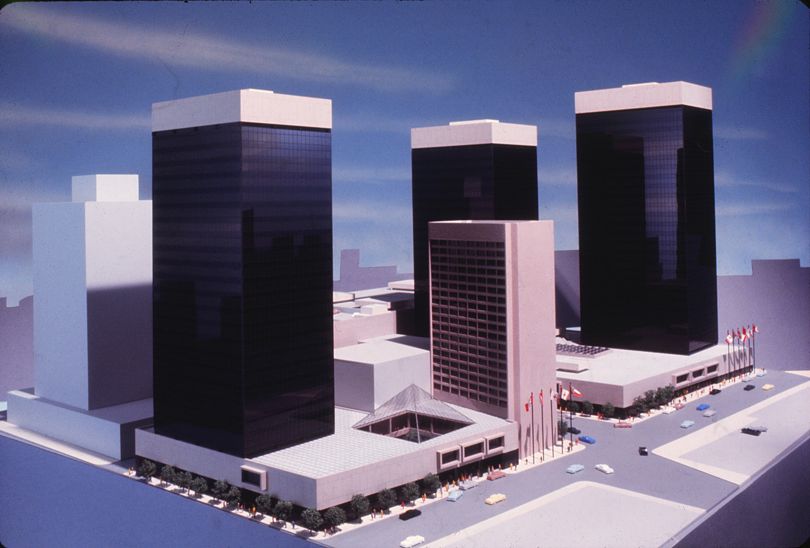 Scale model rendition of what the building arrangement at Edmonton Center will look like.