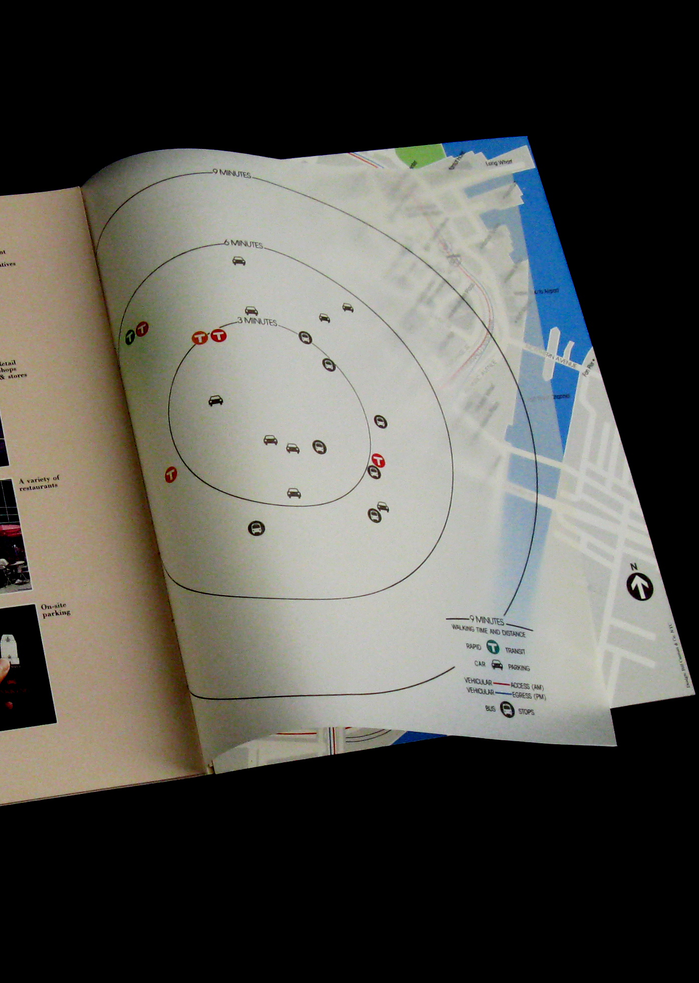 Brochure opened to a map page with translucent overlay showing distances and walking times.