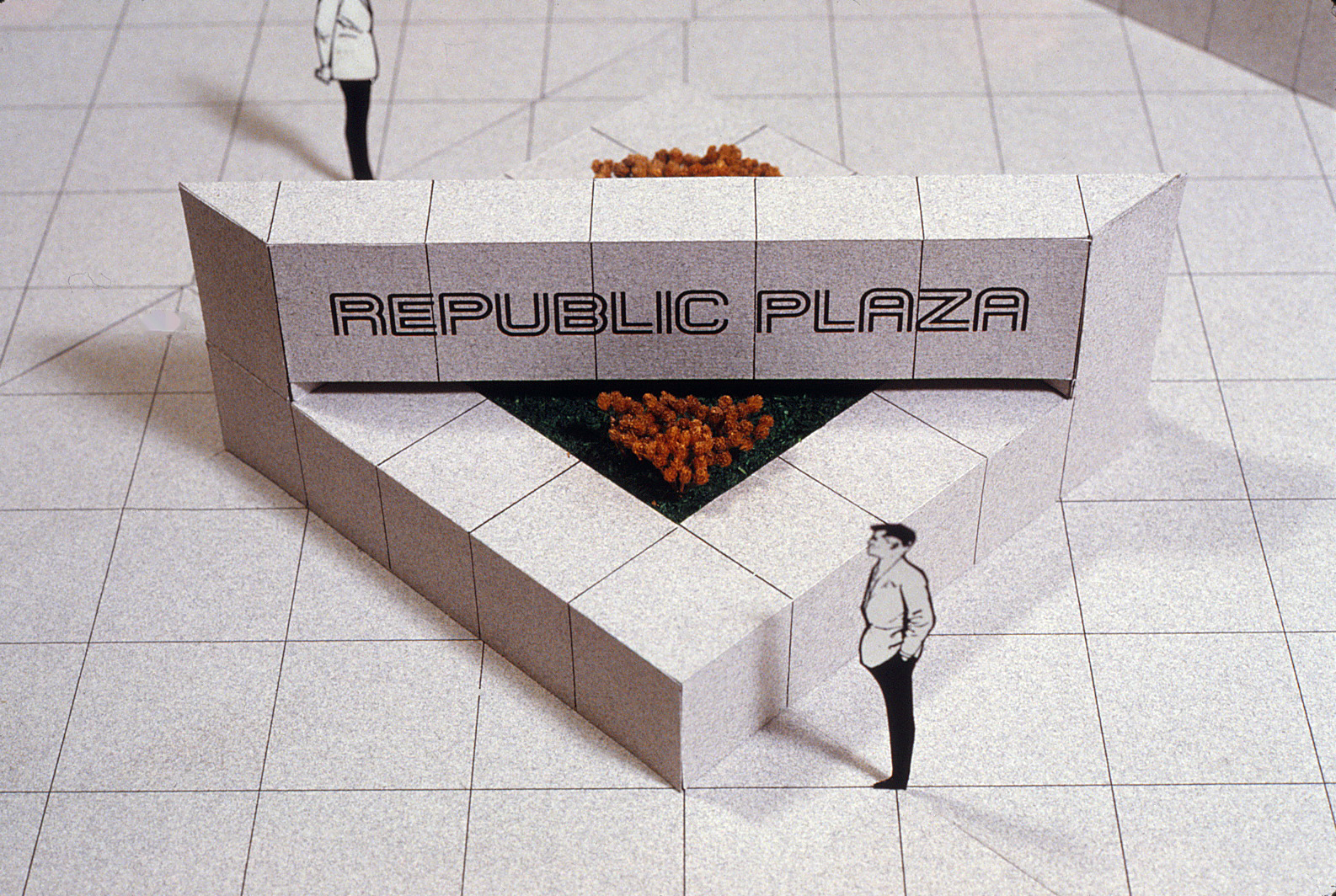 Drawing of the planned street corner planter with Republic Plaza written in stone above it.