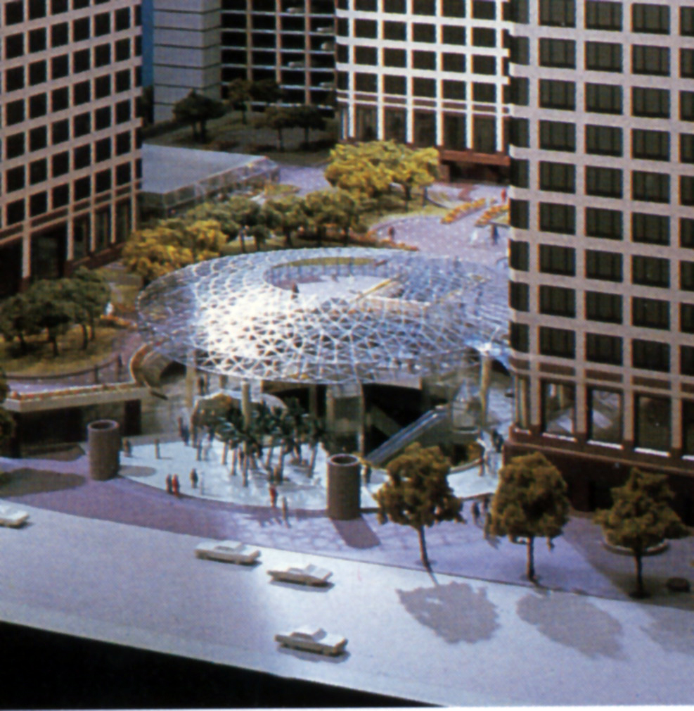 Overhead photograph of the plaza trellis design in steel and glass between the buildings.