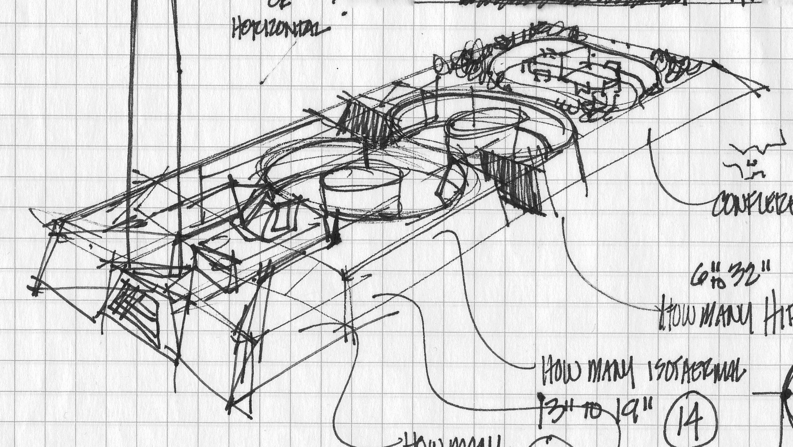 First sketch of the exhibit plan, shown above and at a diagonal.
