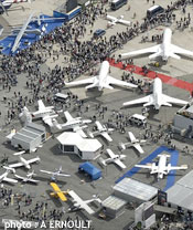 Aerial view of Paris Air Show featuring planes and crowds.