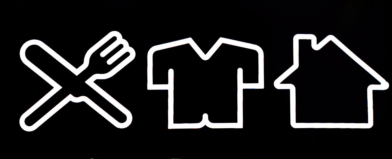Pictogram of 3 symbols: knife and fork, shirt, 
        house, lightning, and car